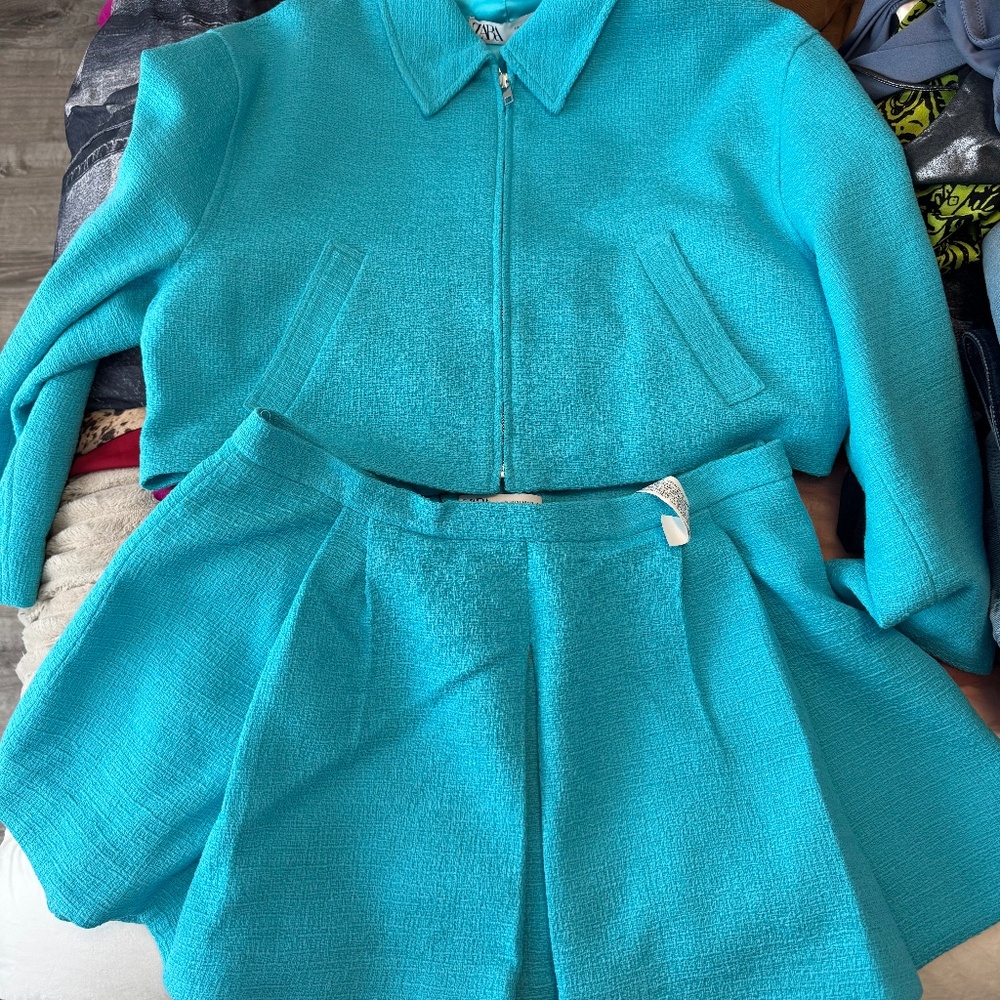 Zara Crop Textured Bomber & Mini Skirt